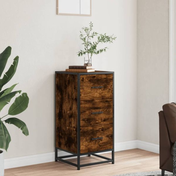 Сайдборд, опушен дъб, 35,5x35x76 см, инженерно дърво и метал