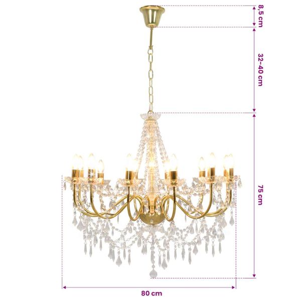 Полилей с кристали, златист, 12 х Е14 крушки