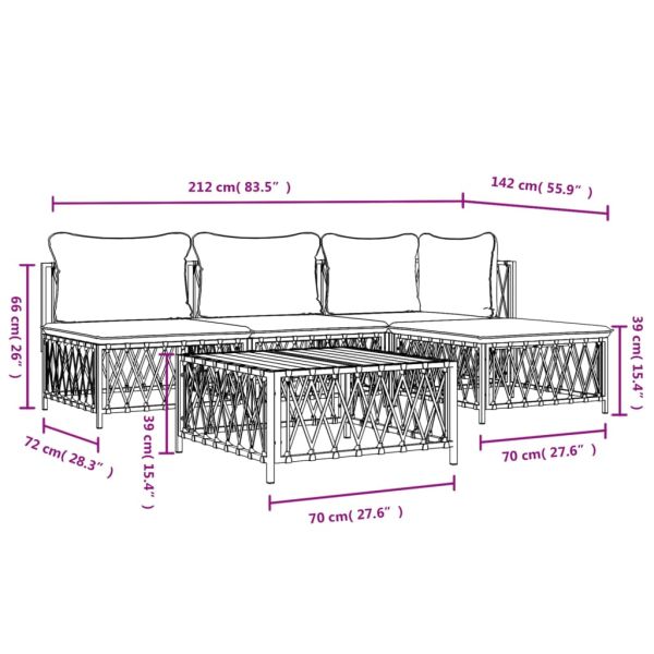 Градински лаундж комплект 5 части с възглавници бял стомана