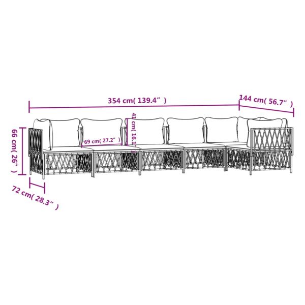 Градински лаундж комплект 6 части с възглавници бял стомана