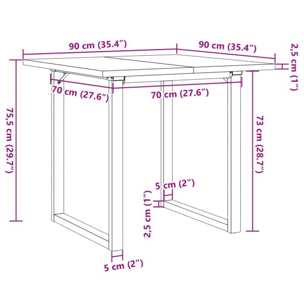 Трапезна маса О-образна рамка 90x90x75,5 см бор масив и стомана