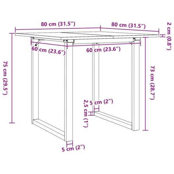 Трапезна маса О-образна рамка 80x80x75 см бор масив и стомана