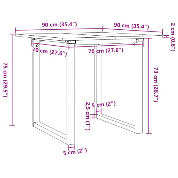 Трапезна маса О-образна рамка 90x90x75 см бор масив и стомана