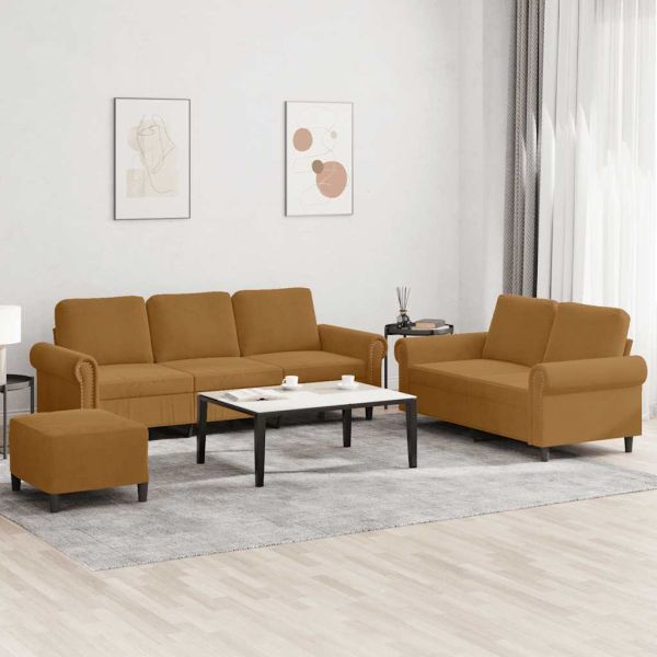 Комплект дивани от 3 части с възглавници, кафяв, кадифе