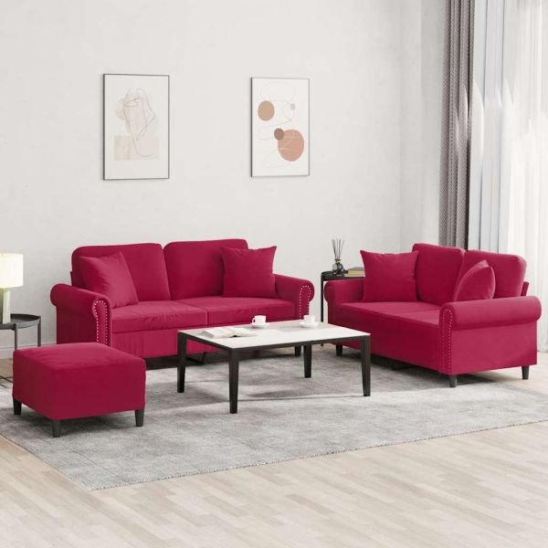 Комплект дивани 3 части с възглавници, виненочервен, кадифе