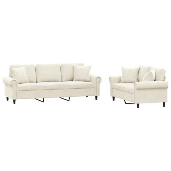 Комплект дивани 2 части с възглавници, кремав, кадифе