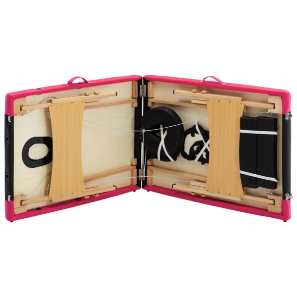 Сгъваема масажна кушетка, 2 зони, дърво, черно и розово