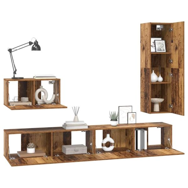 Комплект ТВ шкаф с чекмедже 4 pcs Старо дърво Инженерно дърво