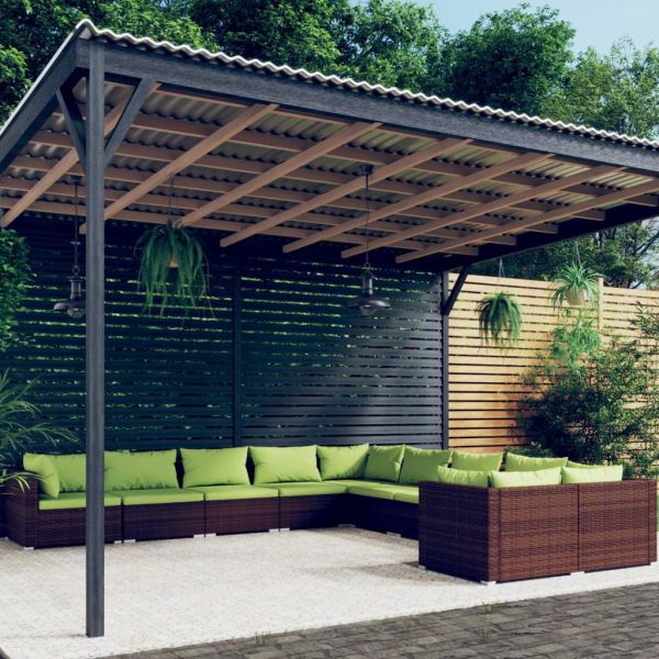 Градински комплект с възглавници 10 части полиратан кафяв