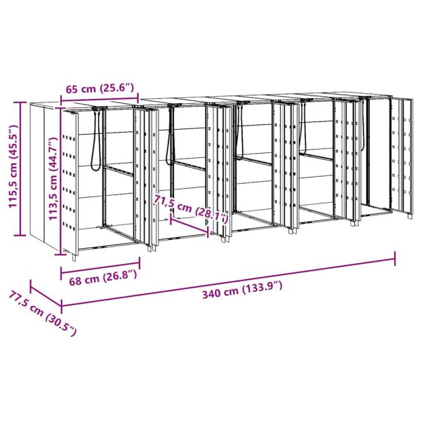 Контейнер за съхранение на 3 коша 340 x 77.5 x 115.5 см Стомана