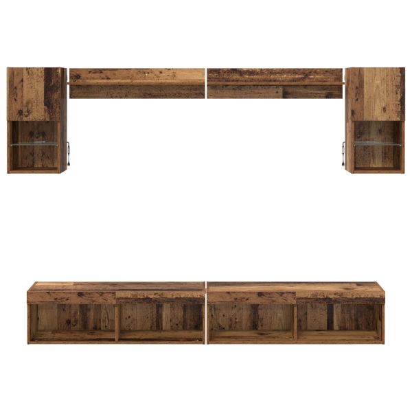 ТВ стенни единици с LED с LED 6 pcs Старо дърво Инженерно дърво