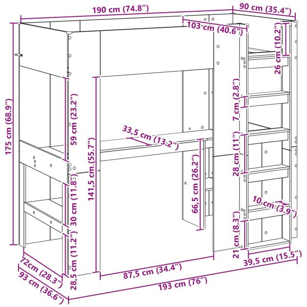 Рамка за двуетажно легло с бюро със съхранение Бяло 90 x 190 cm