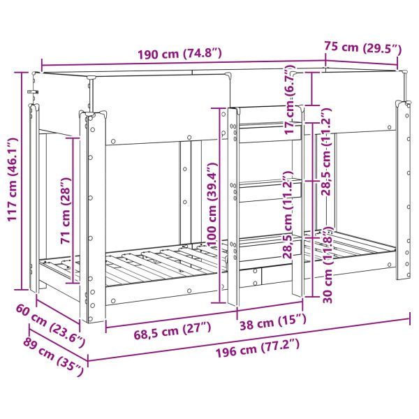 Двуетажно легло за деца Циментено сиво 75 x 190 cm