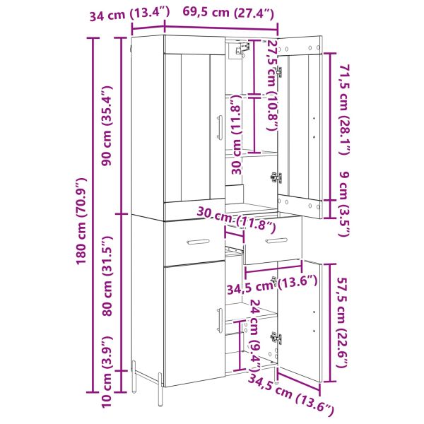 Висок шкаф Черния дъб 69,5 x 34 x 180 см Инженерно дърво