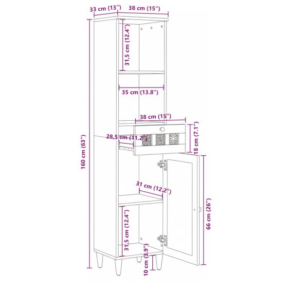 Шкаф за баня с чекмедже с рафт с врата Орех 38 x 33 x 160 см
