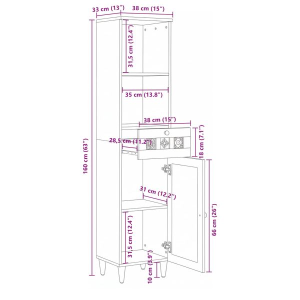 Шкаф за баня Естествен 38 x 33 x 160 см Солидно мангово дърво