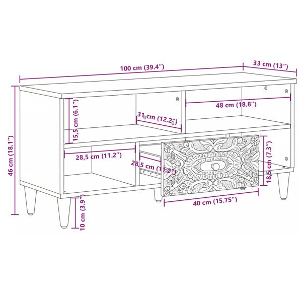 ТВ шкаф с рафт Бяло 100 x 33,5 x 46 см Солидно мангово дърво