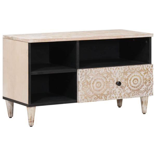 ТВ шкаф с чекмедже Бяло 80 x 33,5 x 46 см Солидно мангово дърво