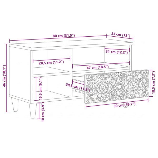 ТВ шкаф с чекмедже Бяло 80 x 33,5 x 46 см Солидно мангово дърво