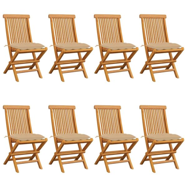 Градински столове с бежови възглавници 8 бр тиково дърво масив