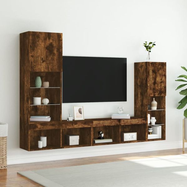 ТВ стенни модули с LED, 4 части, опушен дъб, инженерно дърво
