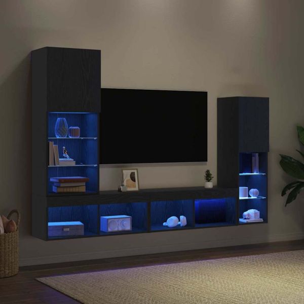 ТВ шкаф С LED лентисти светлини 4 pcs Черен дъб Инженерно дърво