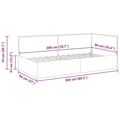 Ъглова рамка за легло с таблото Черен 90 x 200 cm текстил
