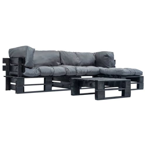 Градински мебели от палети, 4 части, сиви възглавници, дърво