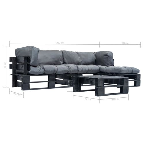 Градински мебели от палети, 4 части, сиви възглавници, дърво