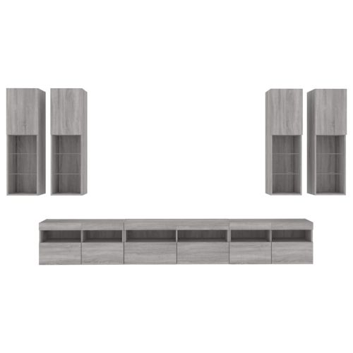 Комплект ТВ стенни шкафове, 7 части, с LED светлини, сив сонома