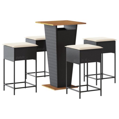 Градински бар комплект с възглавници 5 части черен полиратан