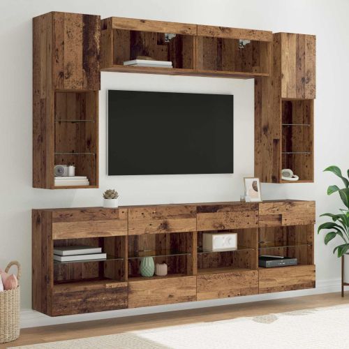 Комплект за стена на телевизор с LED 6 pcs Старо дърво