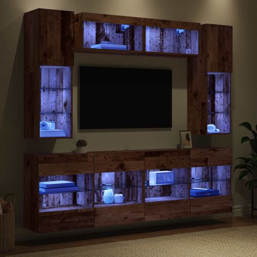 Комплект за стена на телевизор с LED 6 pcs Старо дърво