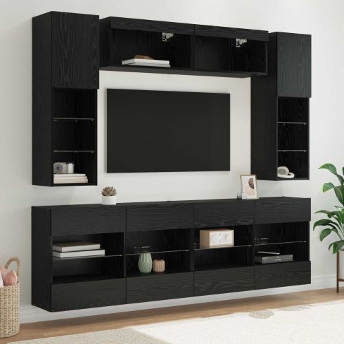 Комплект за стена на телевизор с LED 6 pcs Черен Дъб