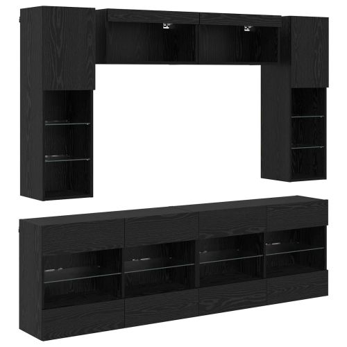 Комплект за стена на телевизор с LED 6 pcs Черен Дъб