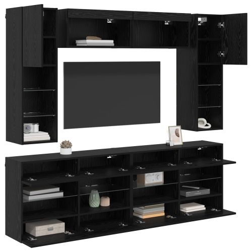 Комплект за стена на телевизор с LED 6 pcs Черен Дъб