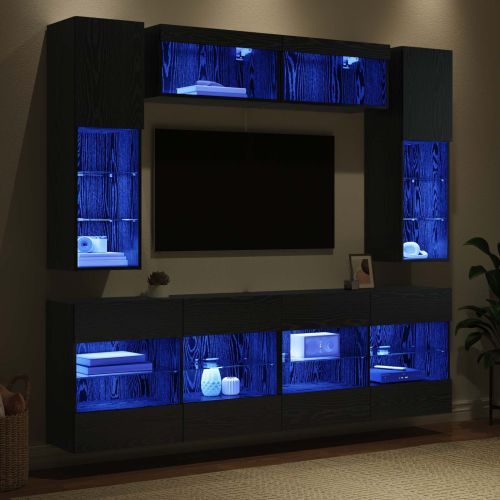 Комплект за стена на телевизор с LED 6 pcs Черен Дъб