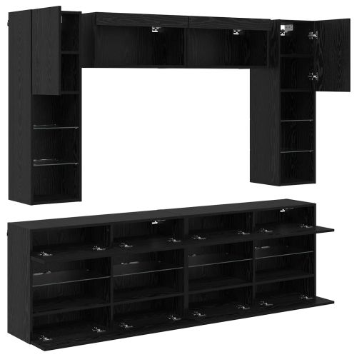 Комплект за стена на телевизор с LED 6 pcs Черен Дъб