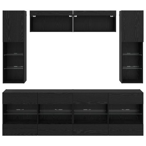 Комплект за стена на телевизор с LED 6 pcs Черен Дъб