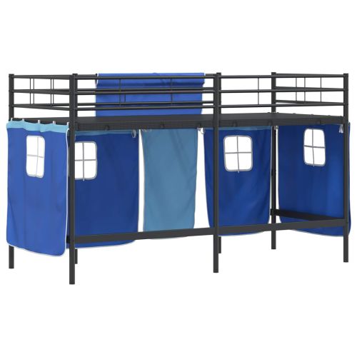 Детско легло на етажи с завеси Черен и син 100 x 190 cm