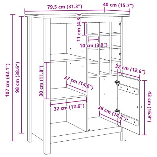 Шкаф за вино HILL Меден кафяв 79.5 x 40 x 107.5 см Солиден бор