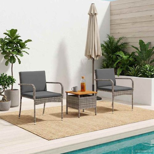 Градински бистро комплект с възглавница 3 pcs Сив полиратан