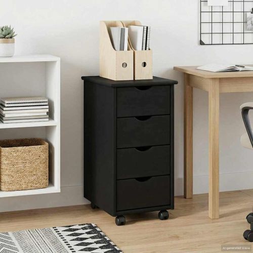 Плъзгащ кабинет с колело Черно 34 x 39 x 65,5 cm Солиден бор