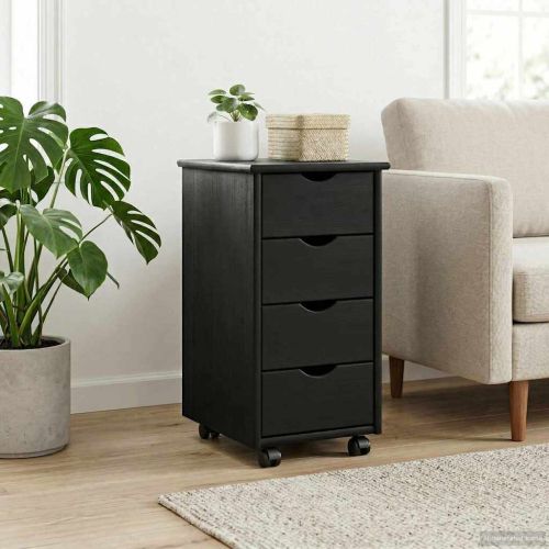 Плъзгащ кабинет с колело Черно 34 x 39 x 65,5 cm Солиден бор