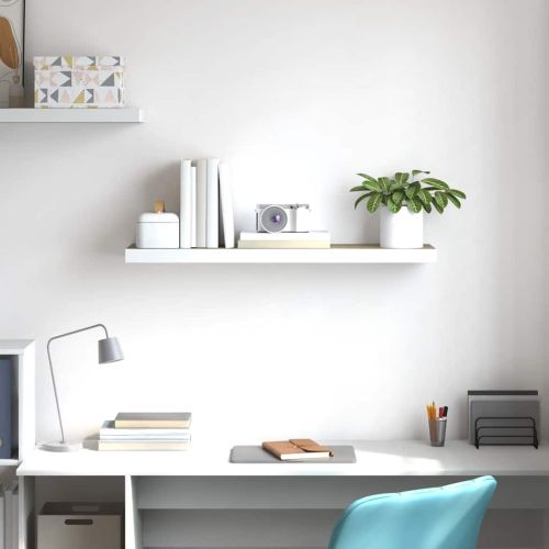 Окачен стенен рафт, дъб и бяло, 90x23,5x3,8 см, МДФ