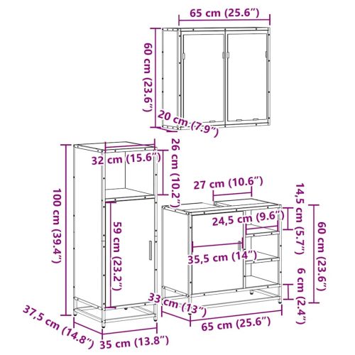 Комплект мебели за баня от 3 части, опушен дъб, инженерно дърво