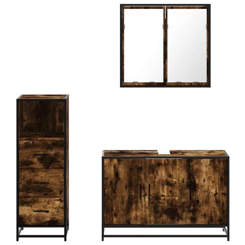 Комплект мебели за баня от 3 части, опушен дъб, инженерно дърво