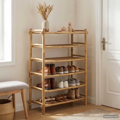 Шкаф за обувки с рафт Натурално 6-етажен Бамбук