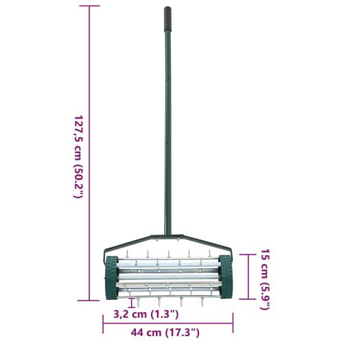 Валяк за трева с дръжка и клипси за аератор Зелен 127,5 x 44 см