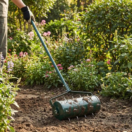 Валяк за трева с дръжка и клипси за аератор Зелен 128 x 38 см